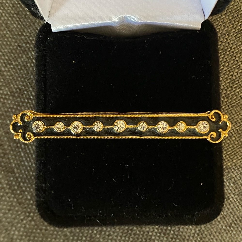 1928 Jewelry Vintage Gold Tone Rhinestone Bar Brooch | Black Enamel - Picture 3 of 5